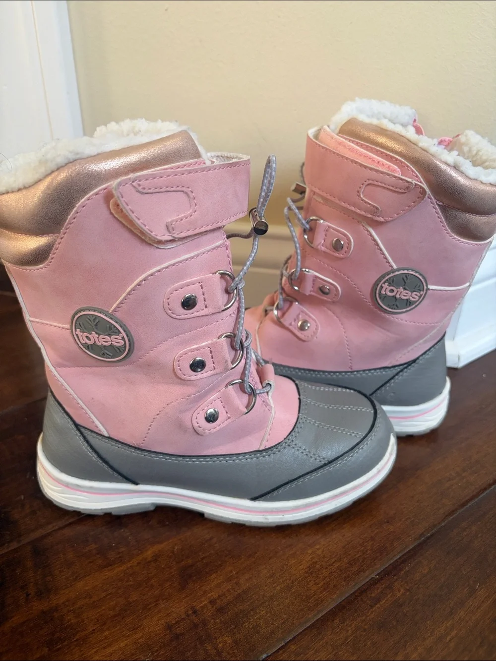 totes Pink and Gray Kids Waterproof Winter Boots with Faux Fur Trim